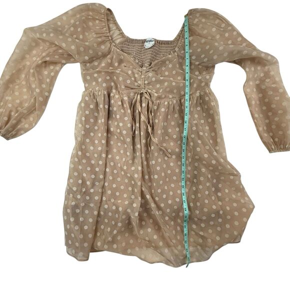 Arula Polka Dot Babydoll Mini Dress Size A 1X Tan Chiffon Long Sleeve - Picture 10 of 10